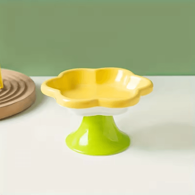 Inspire Picks Flower Design Raised Ceramic Cat Bowl With Stand yellow