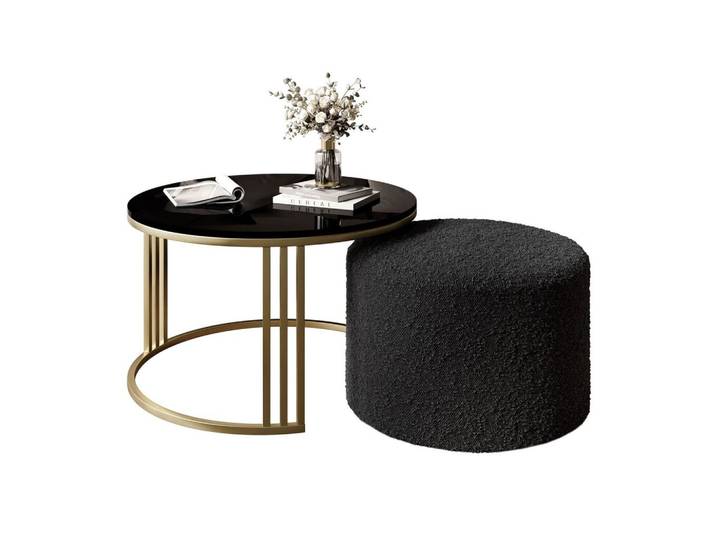 COUCHTISCH mit Hocker LORI Hochglanz gebürstetes Gold/Schwarz glänzend/Coral 60