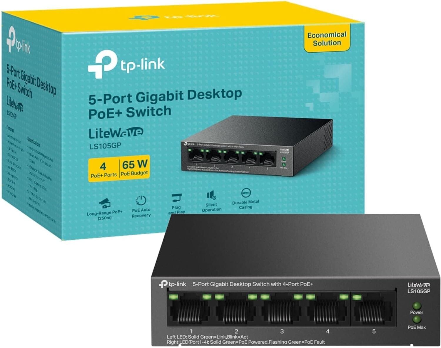 TP-LINK LS105GP 5-Port Gigabit Desktop Switch – 4-Port PoE+, 65W Power Budget, 250m Range, Metal Housing, New