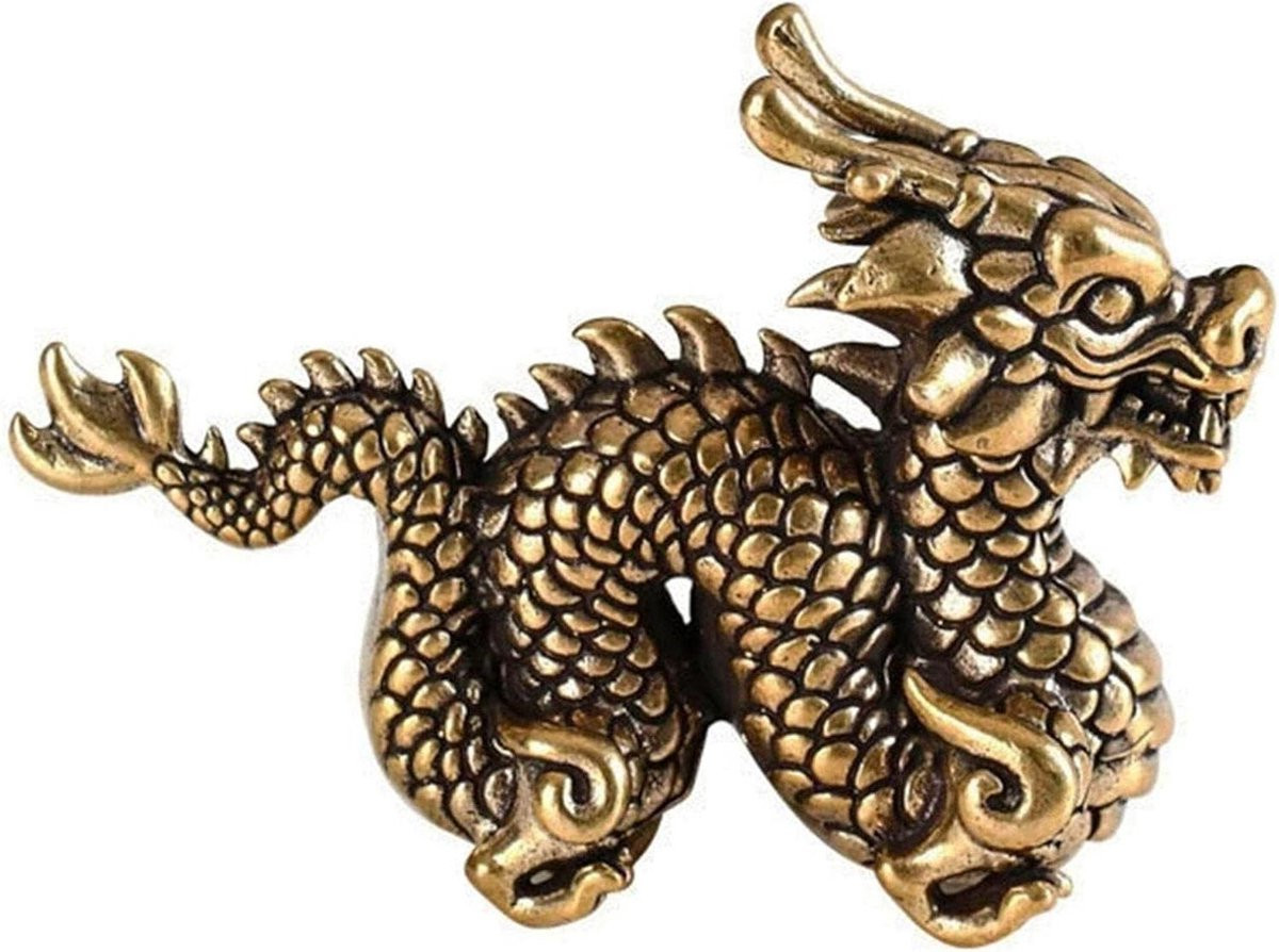 Handgemaakt Messing Draken Beeldje - Feng Shui Ornament - Brons - B: 6,5 cm, D: 4,5 cm