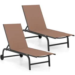 COSTWAY 2er‐Set Gartenliegen mit Rollen, Sonnenliegen bis 150 kg, 6‐fach verstellbare Rückenlehne, schnelltrocknender Stoff