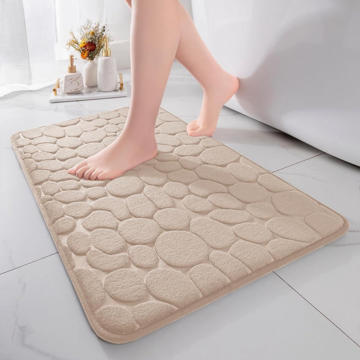 Beige Badmat van Geheugenschuim met Uniek Kiezel Uiterlijk - 43 x 61 cm