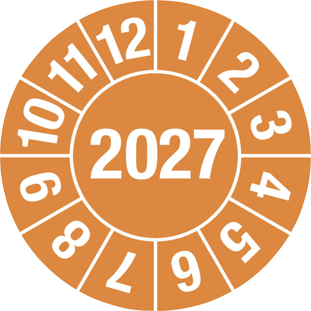 kaiserkraft Prüfplakette, Jahreszahl 4-stellig, Dokumentenfolie, Ø 15 mm, 2027, orange