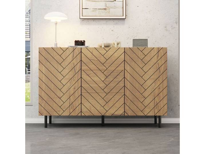 Buffet bas - WESTYLE - 120x40x76 cm - 3 tiroirs - 2 portes - Effet bois & noir mat