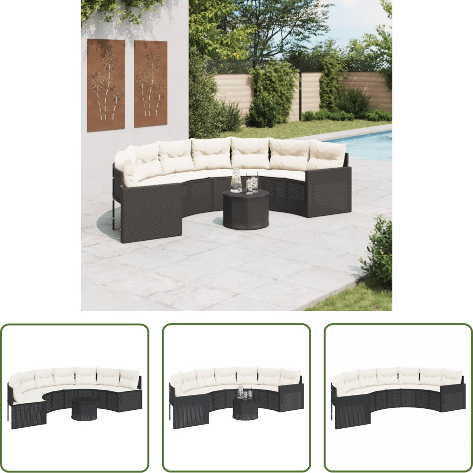 The Living Store Gartensofa mit Tisch und Kissen Halbrund Schwarz Poly-Rattan