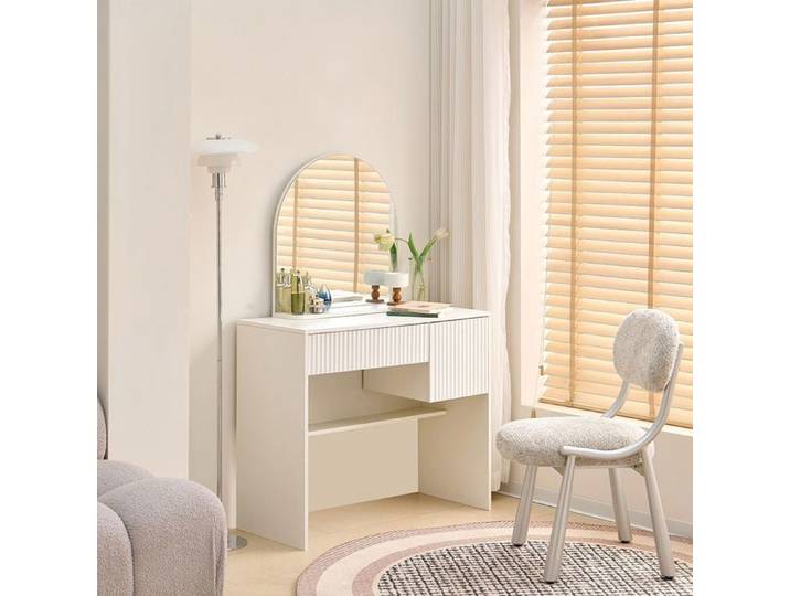 Coiffeuse - H135xL90xP40 - Blanc - Miroir bombé - 2 tiroirs avec séparateurs