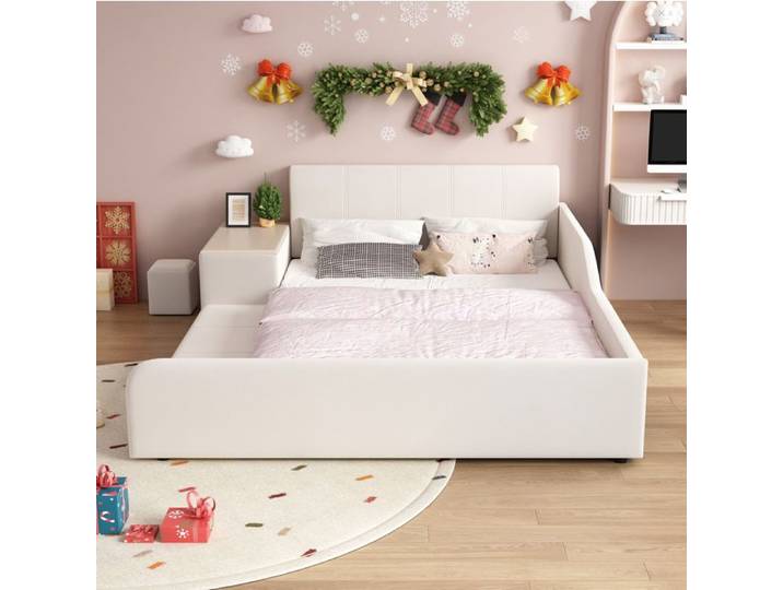 ROVRYN Lit combiné enfant 140 x 200 cm avec bureau tabouret étagère velours blanc
