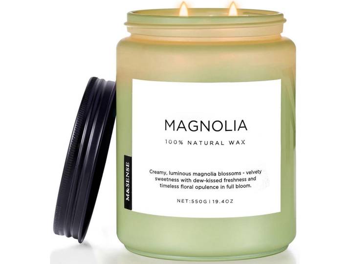 Duftkerze Magnolia Jasmin 550g 2-Docht Sojawachs, Grün, Paraffin, 13 cm, Dekoration, Kerzen & Kerzenhalter, Duftkerzen