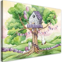 WANDBILD weiße kaninchen hütte auf dem baum