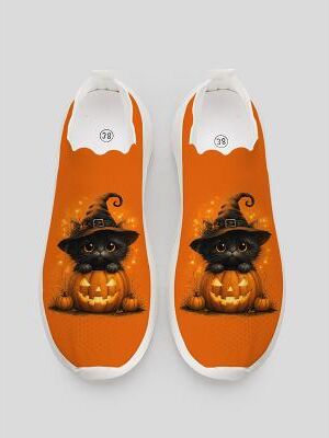 LightInthebox Women's Halloween Slip-On Sneaking Shoes - Orange Flyknit Walking Sneakers with Black Cat Pumpkin Graphic, Scalloped Casual Shoes for Holiday Party Daily Wear