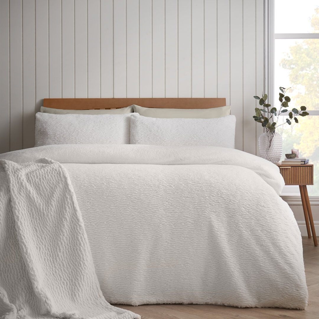 Catherine Lansfield Textured Wave Faux Fur Duvet Cover Set Cream Double