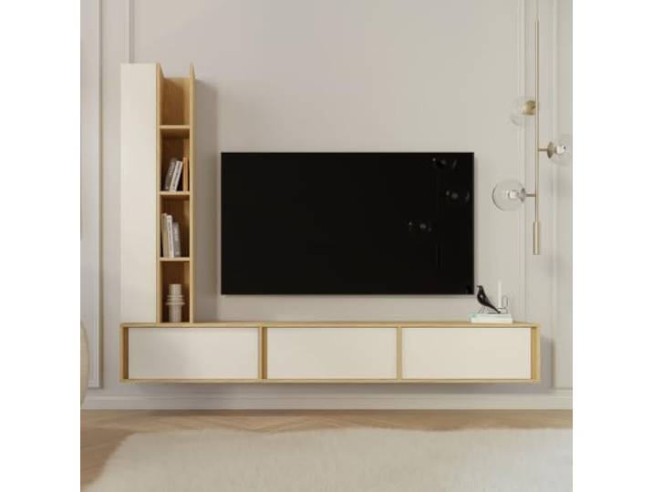 BEAUTY SOFA VERO Wohnwand 2-teilig mit TV-Lowboard 230 cm und Hochschrank, hängend oder stehend, grifflos, Japandi TV-Möbel Set, Frühlingseiche + Macadamia