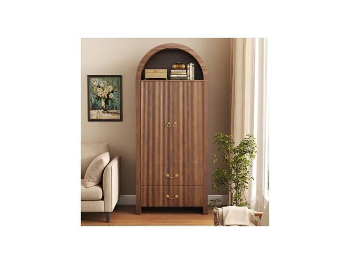 Armoire haute arquée 76x38x180 cm noyer niche LED via application 2 portes rainurées 2 tiroirs MDF et panneaux