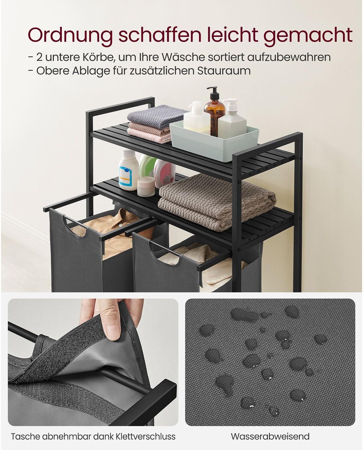 Wäschekorb VASAGLE "mit Ablage 2 x 46 l", bunt, B:73cm H:92cm T:33cm, Wäschesammler, Wäschekorb bunt 46 l