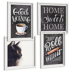 BILDER SET 4er Set - 50x50 cm & 40x60 cm Weißer Rahmen - Hausküchenthemen Katze