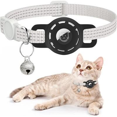 Inspired Living Reflective Breakaway AirTag Pet Collar With Secure Holder & Bell white2