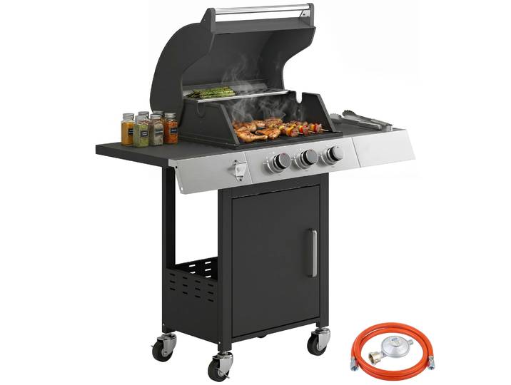 Barbecue au gaz Outsunny avec 3 brûleurs 8,1 kW, thermomètre, tables latérales