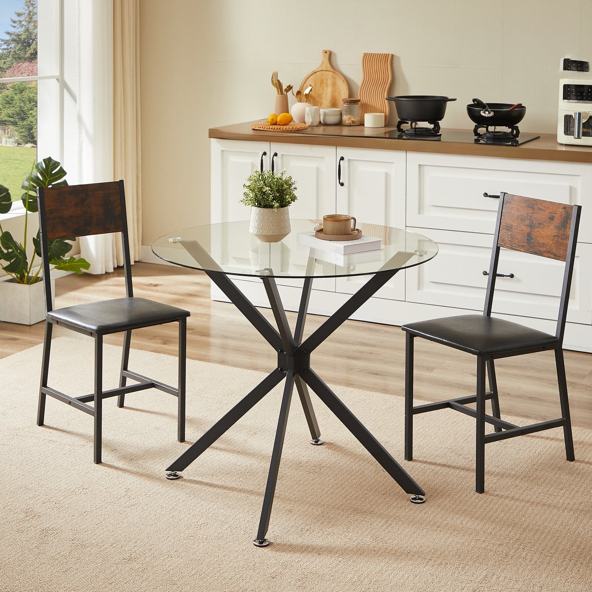 MEUNIQ ronde eettafel van gehard glas met metalen poten, zwart, Diameter: 80 cm