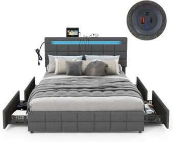 Costway Upholstered Queen LED Bed Frame with Headboard and 4 Drawers-Queen Size