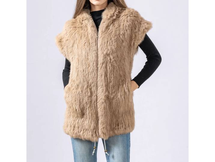 Gilet mi-long en vraie fourrure de lapin Rex pour femme, avec capuche, pour automne et hiver, longueur 70 cm, 250210