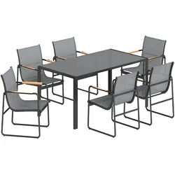 Outsunny 7-teiliges Outdoor-Ess-Set 6 Personen Glastisch wetterfest Stahlrahmen Grau