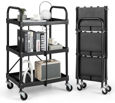 Costway 3-Tier Folding Trolley Cart with Universal Wheels Heavy Duty for Warehouse-Black