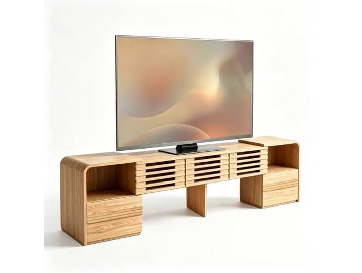 eGenuss TV Lowboard ausziehbar in Heller Eichenoptik, TV Board mit Lamellentüren und drehbaren Modulen, skandinavisches Lowboard für Fernseher bis 60 Zoll, Stauraum, 162 cm
