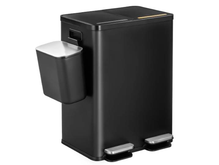 Hzuaneri Mülleimer Küche, 2 x 30 L+7 L, Mülltrennsystem 2 Fächer mit 7 L Komposteimer, Abfalleimer mit Soft-Close-Deckel und Pedal, Inneneimer Herausnehmbar, Edelstahl, Aufkleber, Schwarz SW23299B