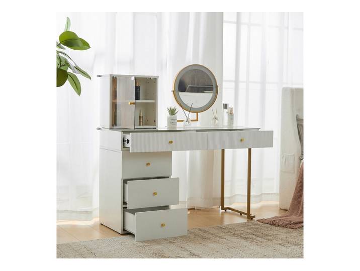 Merax Schminktisch mit LED Spiegel, Kosmetiktisch mit transparenter Tischplatte und Schrank, 120x45x115cm
