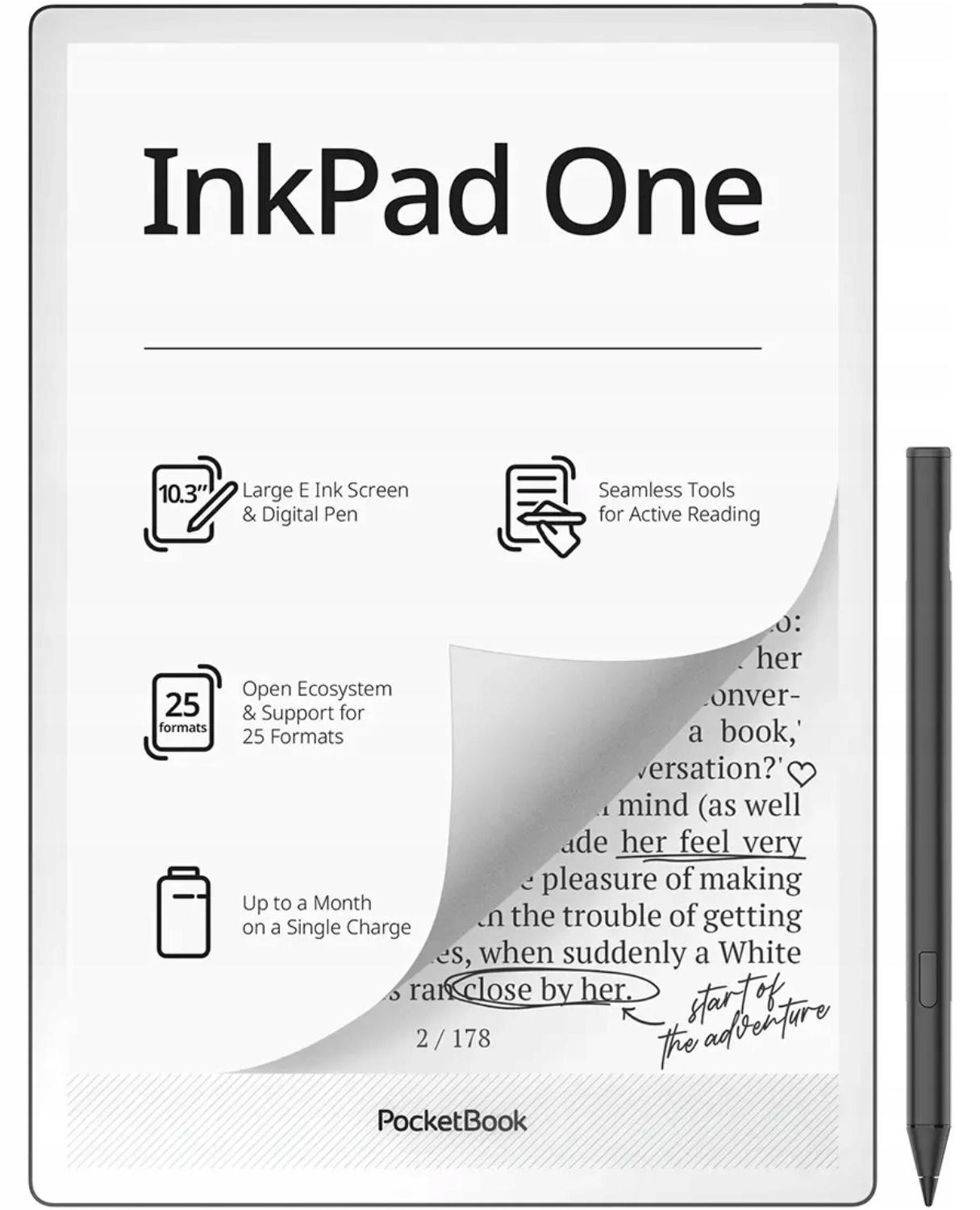 PocketBook InkPad One 1030 E-reader met 10.3 inch E-ink Mobius scherm, 32GB geheugen en Wi-Fi, Matzwart