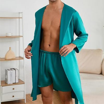 Herren Schlafanzug Seidenrobe Nachtwäsche Schlafanzug Set 1 Set Einfach Mode Stilvoll Klassisch Heim Täglich Bett Polyester Komfort Weich Kapuzenpullover Langarm Gürtel inbegriffen Sommer Frühling