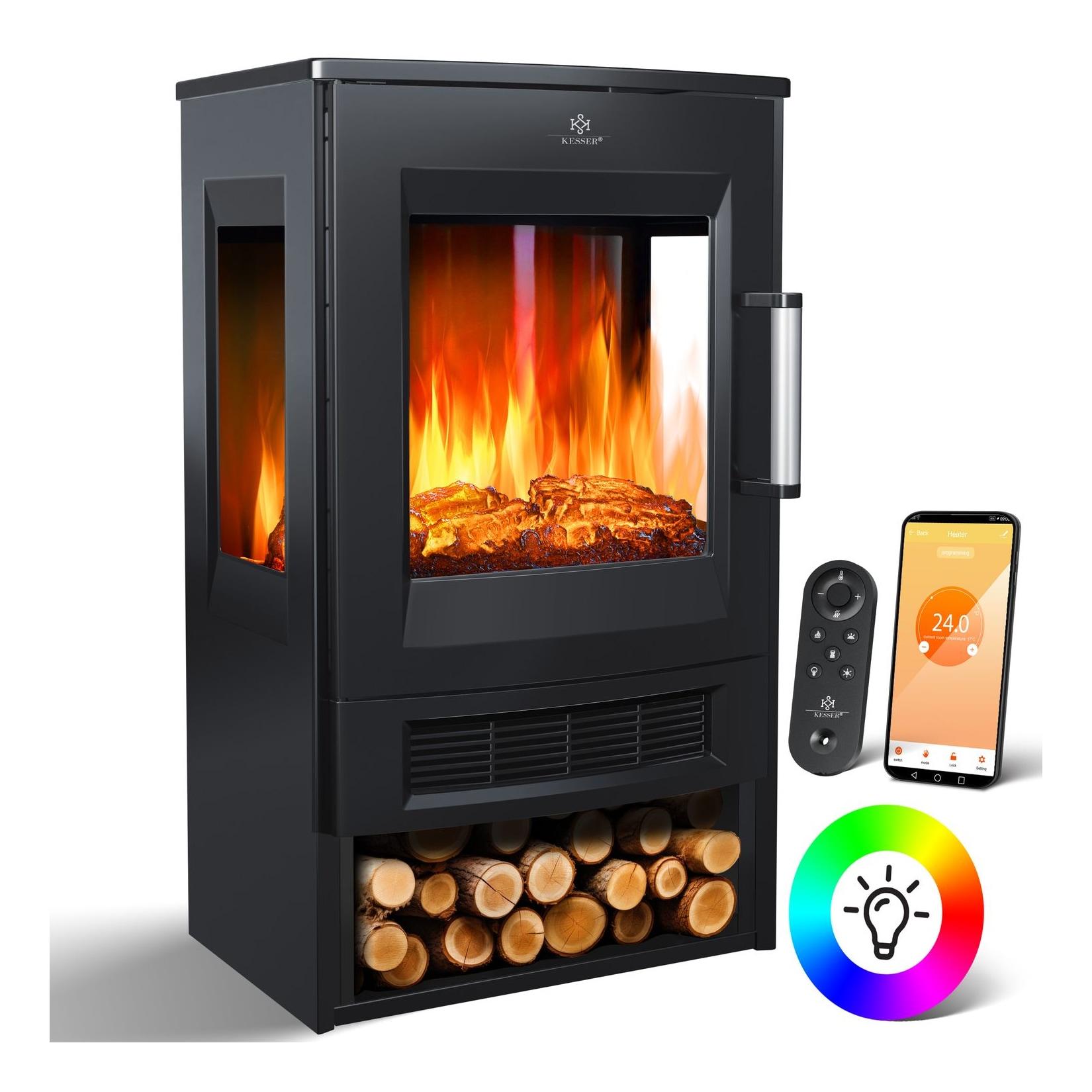 KESSER® Elektrokamin mit Heizung Panorama-Sichtfenster Heizlüfter 9 LED-Flammeneffekt Farbmodi Fernbedienung WiFi App 900/1800W Kaminfeuer elektrisch Elektro Kamin mit Thermostat Heizfunktion Timer