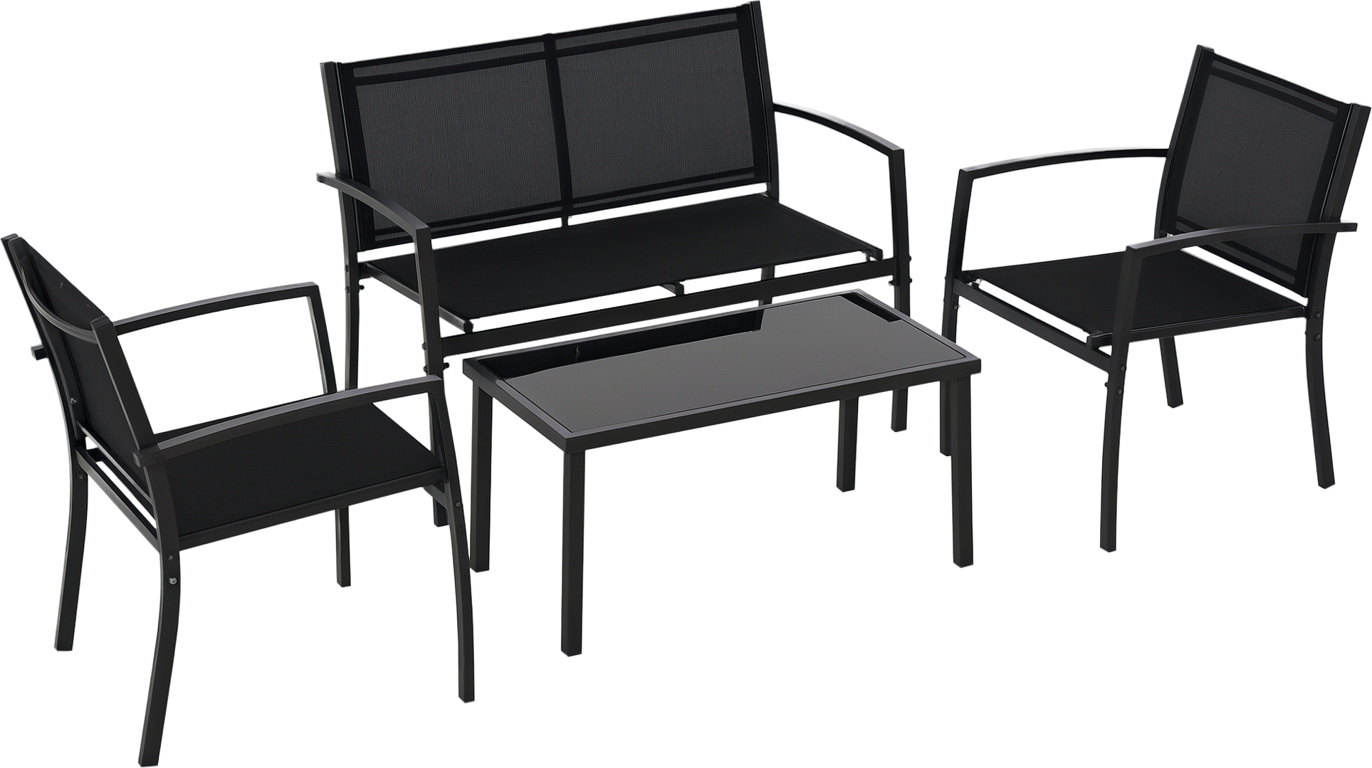 Outsunny Salotto da Esterno, Set 4 Pezzi con 1 Tavolino, 2 Sedie da Giardino e 1 Panca in Metallo, Nero Aosom