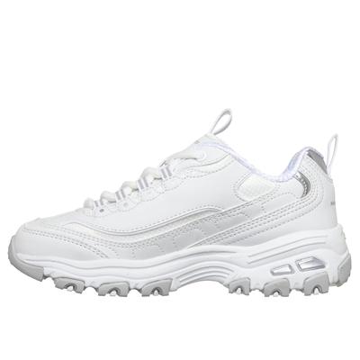 Plateausneaker SKECHERS "D'LITES", Mädchen, Gr. 30, atmungsaktiv, weiß, silber, Synthetik, Textil, Schuhe Plateausneaker, Schnürschuh, mit Memory Foam, Größenschablone zum Download