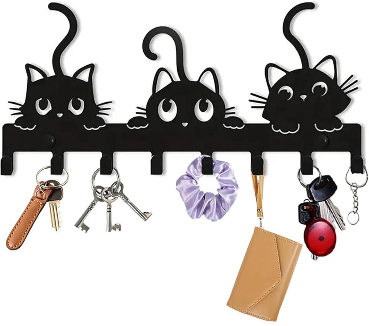 GelldG Sleutelhouder met Kattenmotief en 8 haken, Moderne metalen wandkapstok voor de gang of woonkamer