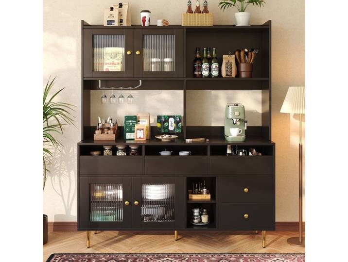 Buffet de Cuisine avec étagère Buffet Haute Armoire Placard de Cuisine 4 Portes 5 Tiroirs Multi-Rangements 145x39x171cm Noir