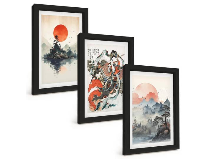 Tulup Bilder SET 3er Set - 20x30 cm Schwarzer Rahmen - Asiatische Japandi-Malereien, Kunststoff, Rechteckig, 20x30 cm, Fotografie, Bilder & Rahmen, Bilder
