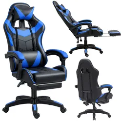 LEAN Drehbarer Büro-Gaming-Stuhl mit Fußstütze und Kissen, Schwarz und Blau