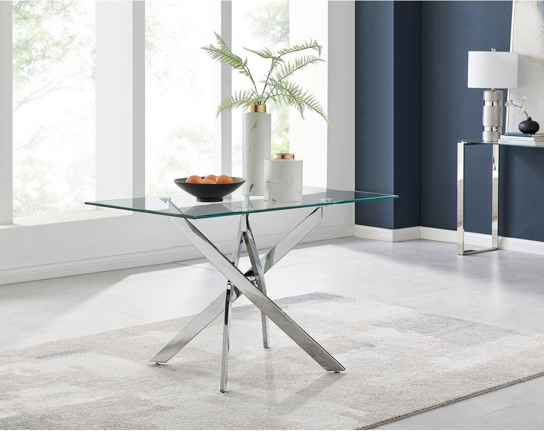 Canora Grey Lenworth Luxury Rectangular Dining Table in Glass and Chrome Metal - Modern Statement Design Silver 75H x 120W x 70D
