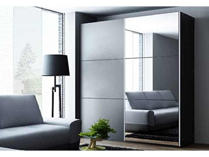 Kleiderschrank Vigo mit Spiegel 120 cm, Schwebetürenschrank, Garderobeschrank Schlafzimmer; Wohnzimmerschrank; Korpus Schrank Farbe: Graphit; Farbe der Schrankfront: Graphit; Mehrzweckschrank
