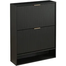 OKWISH Schuhschrank MDF Schwarz 80x24x102 cm mit höhenverstellbaren Einlegeböden, Kipptüren, Kippschutz und offener Ablage