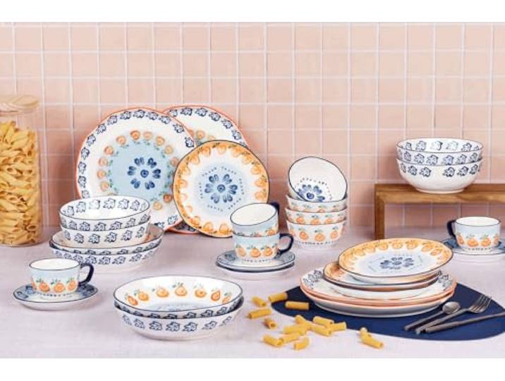 BJORN Geschirrset NAPOLI 28-teilig – Service für 4 Personen aus weißem Porzellan, handbemalt – Teller, Schalen & Tassen – Elegantes Geschirr Set