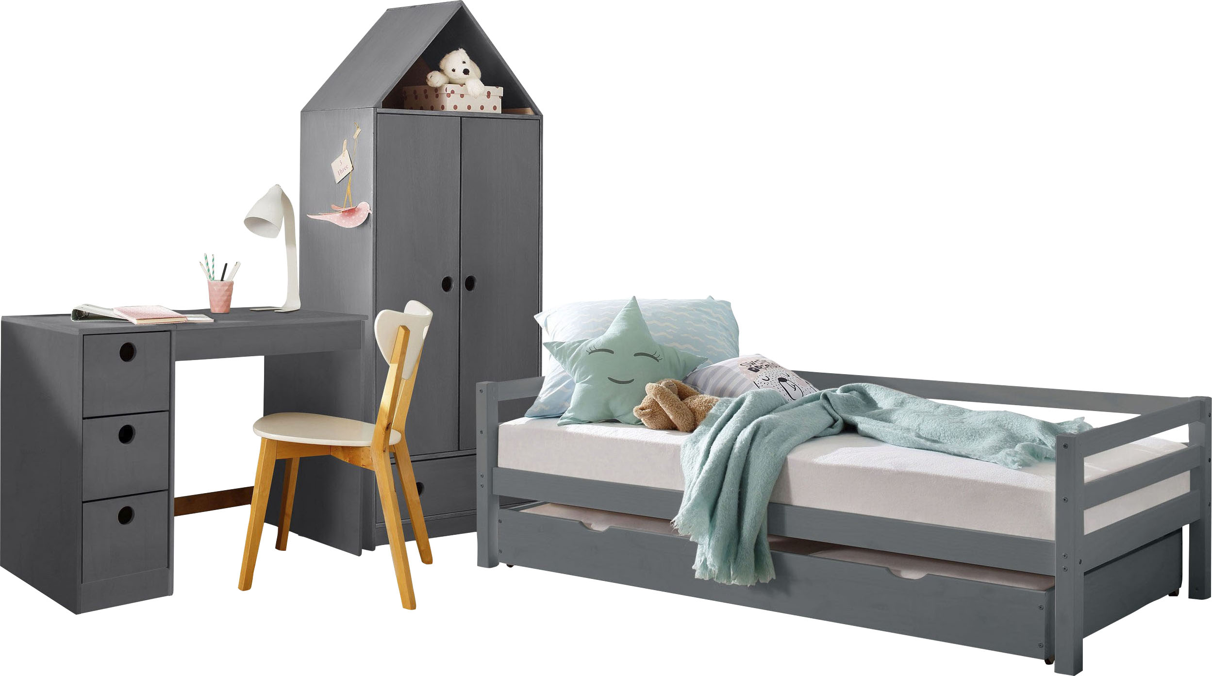 Jugendzimmer-Set GOODPRODUCT "Alpi", grau, Schlafzimmermöbel-Sets, Jugendzimmer-Set, Daybed, Schreibtisch mit Stauraum und Kleiderschrank in Hausoptik grau Einheitsgröße