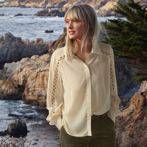Geraffte Bluse aus Voile mit Spitzeneinsätzen für Damen, Damen, size: regular, Beige, Baumwoll-Mischung/Viskose-Mischung, by Lands' End