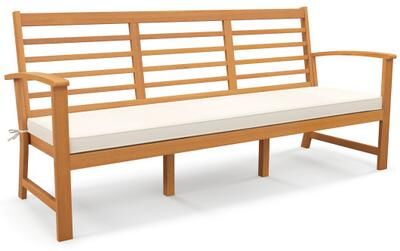Costway Patio 64 Inch Wood Bench with Seat Cushion and Slatted Seat for Backyard-Off White