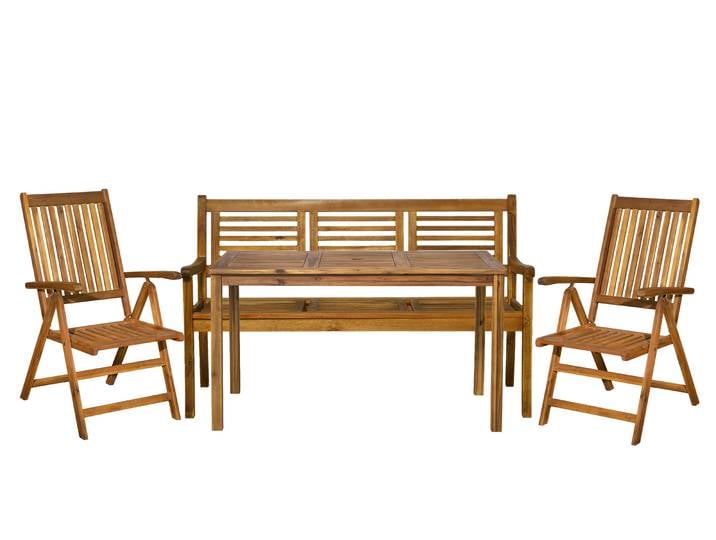 Möbilia Sitzgruppe, Akazienholz, Natur, 4-teilig mit Bank, 2 Stühlen & Tisch, Klappbar, Modern
