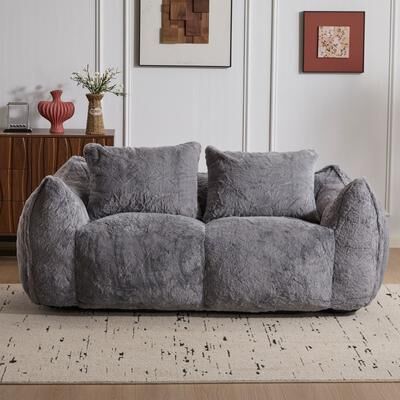 HOMEFUN Fabric Upholstered Oversized Chase Lounge Loveseat Bean Bag Lazy Sofa with 2 Pillows