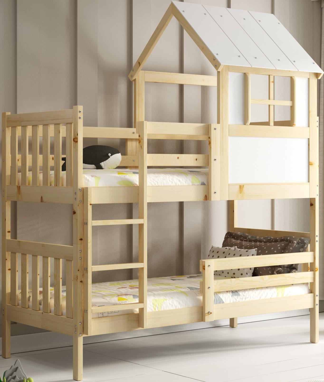 Interbeds Etagenbett Hochbett Hausbett 190x90cm Naturholz Massivholz 2 Plätze mit Rausfallschutz mit Lattenrost Bettgestell trennbar in 2 Einzelbetten