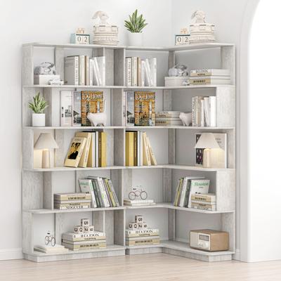 Set of 2 Modular Bookcase Set Wooden with Extended Corner Shelving and Customizable Open Storage by GDFStudio