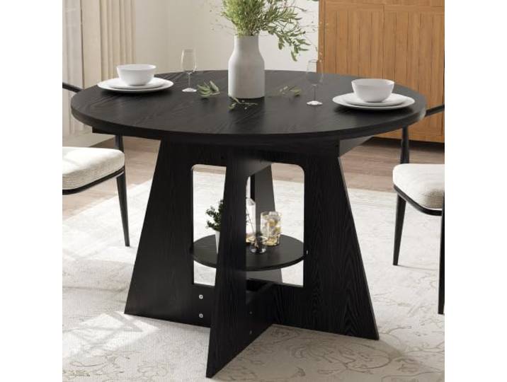GarveeMore Runder Esstisch 120 cm für Küche & Esszimmer – Kratzfeste, Pflegeleichte MDF-Tischplatte, Kreuzgestell mit Ablagefach/Stauraum